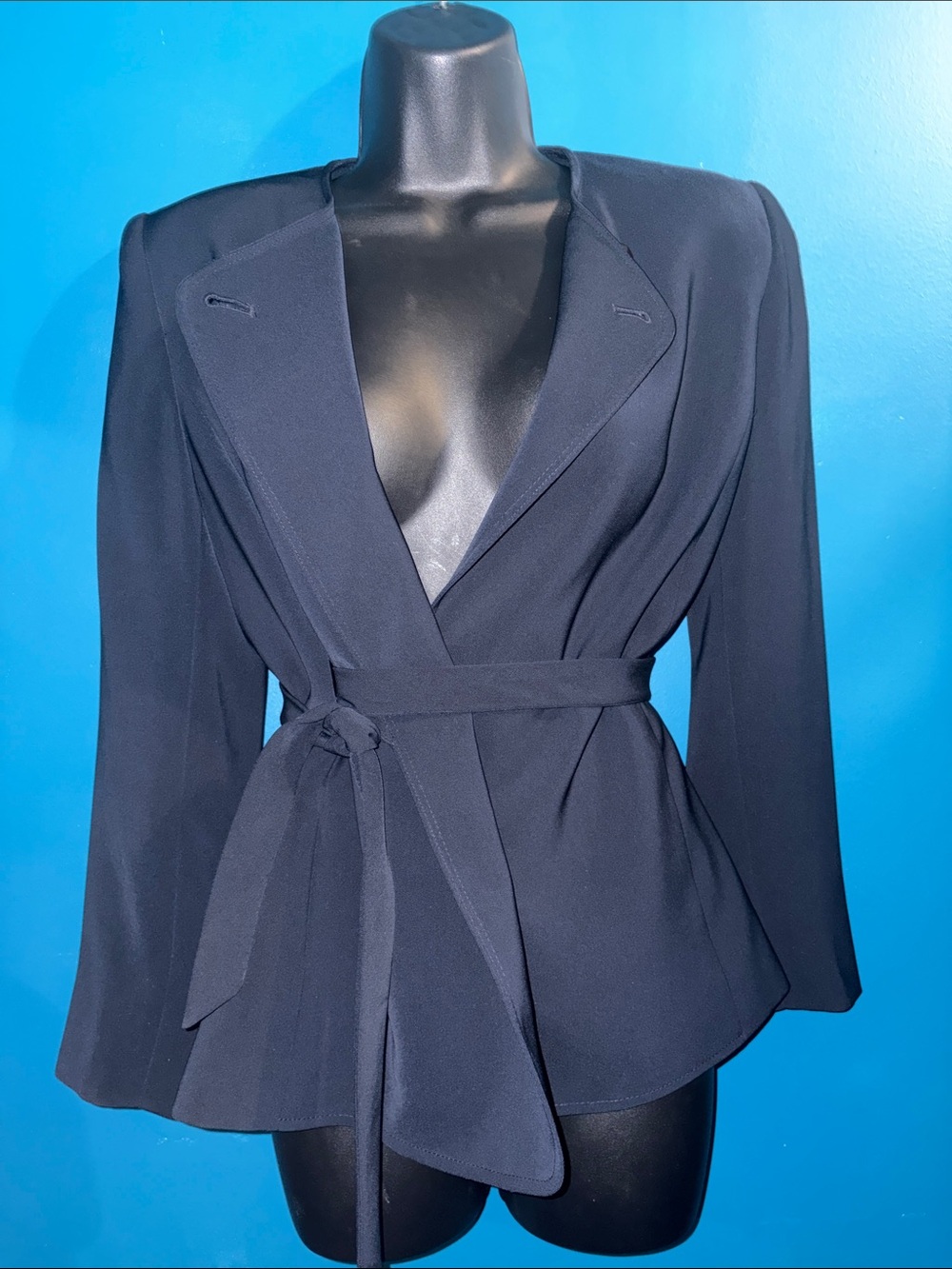 Kasper Navy Wrap Tie Blazer Jacket with shoulder padding